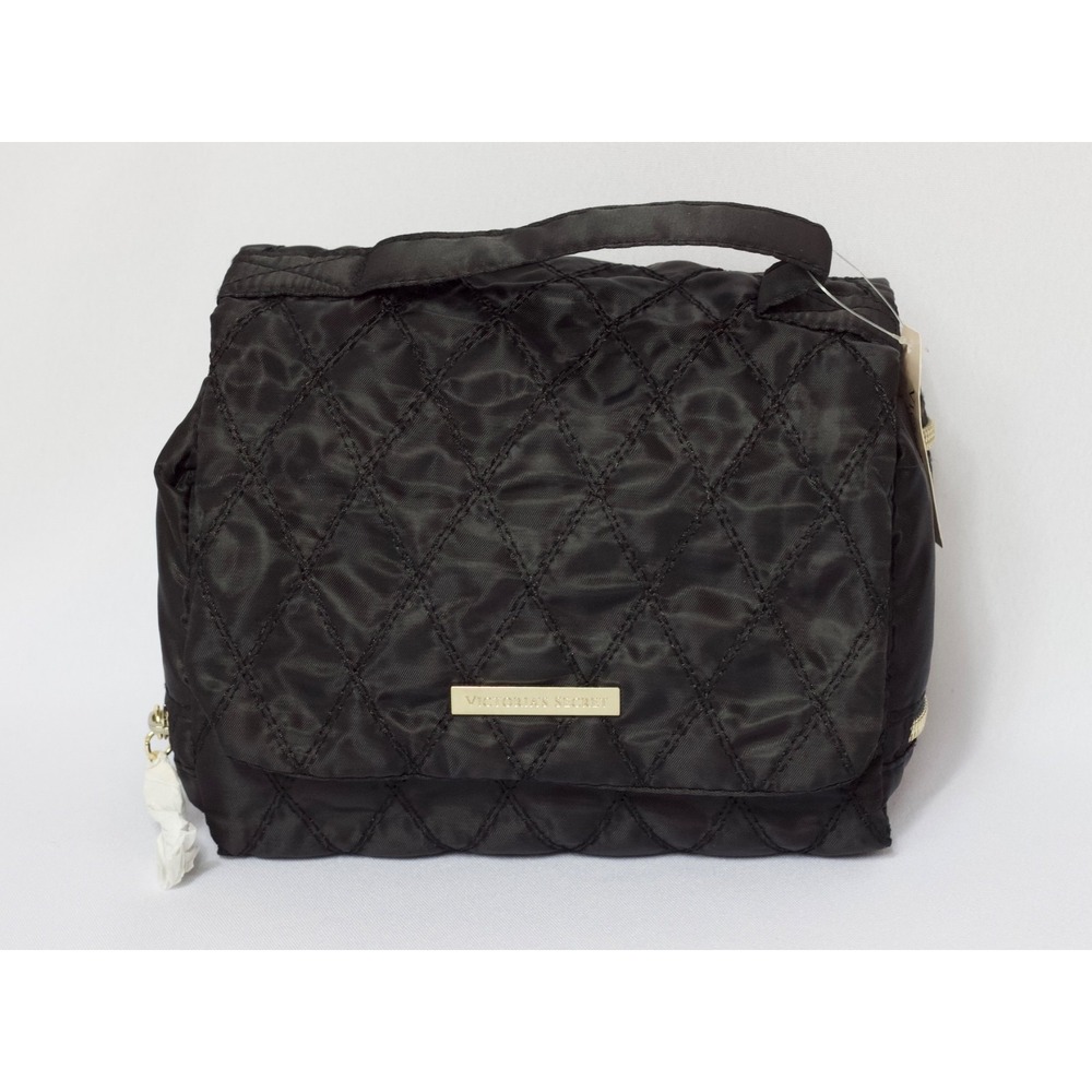 Victoria's Secret Satin Quilted Black Travel‎ Cosmetic Bag Folding NEW WITH TAGS